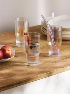 Bicchieri da long drink in vetro soffiato con millerighe iridescenti Juno, set da 4
