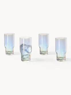 Bicchieri da long drink in vetro soffiato con millerighe iridescenti Juno, set da 4