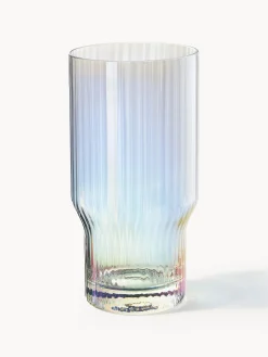 Bicchieri da long drink in vetro soffiato con millerighe iridescenti Juno, set da 4