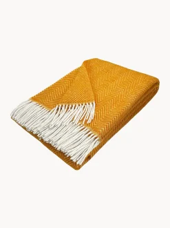 Coperta in lana con motivo a spina di pesce e frange Tyrol