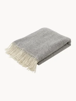 Coperta in lana con motivo a spina di pesce e frange Tyrol