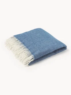 Coperta in lana con motivo a spina di pesce e frange Tyrol