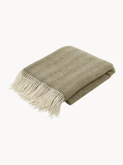 Coperta in lana con motivo a spina di pesce e frange Tyrol