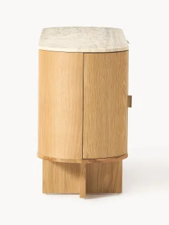 Credenza in legno con angoli arrotondati e piano in travertino Zumi