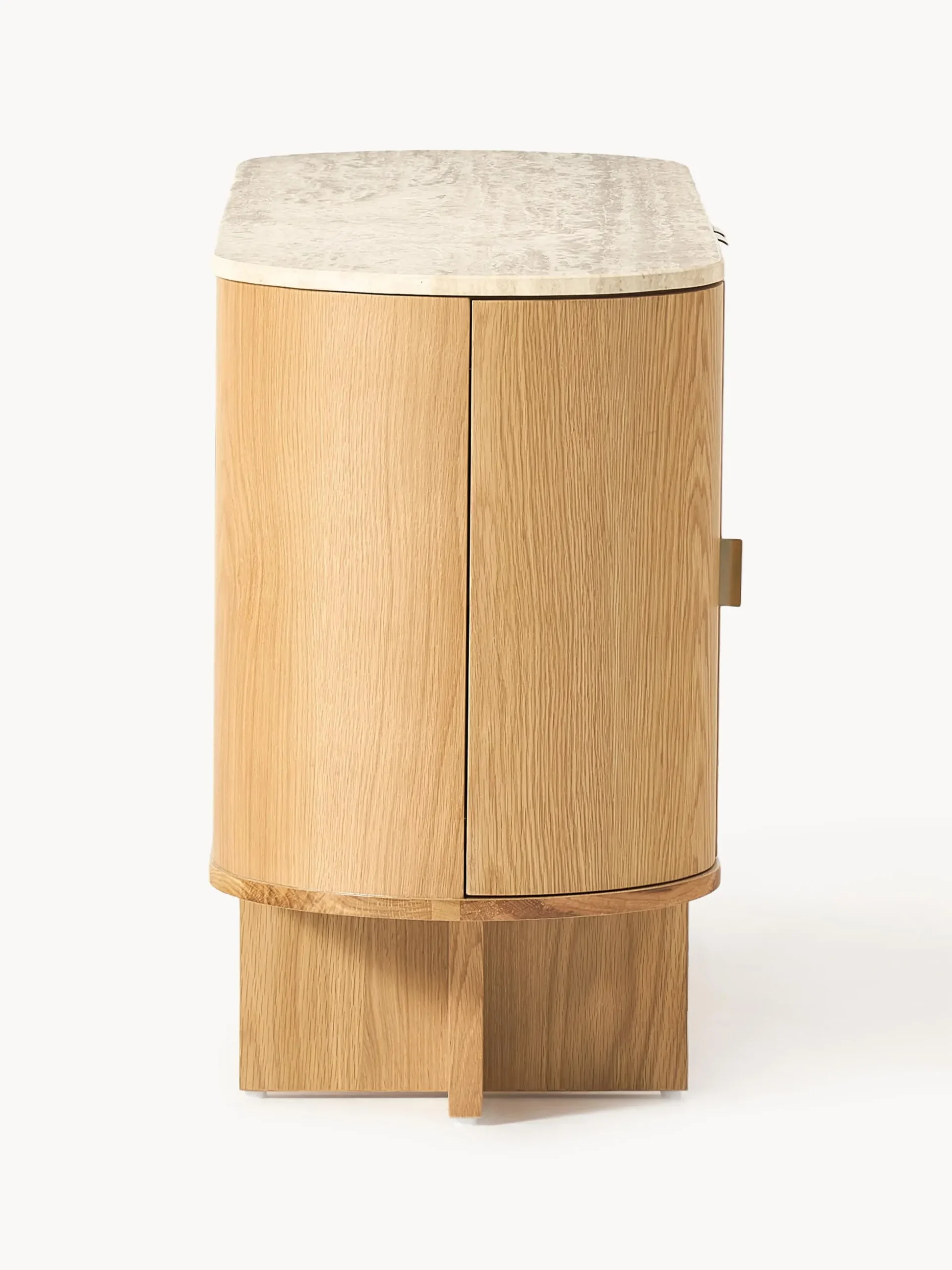 Credenza in legno con angoli arrotondati e piano in travertino Zumi