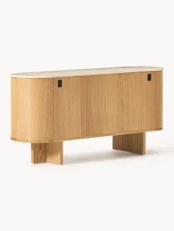 Credenza in legno con angoli arrotondati e piano in travertino Zumi