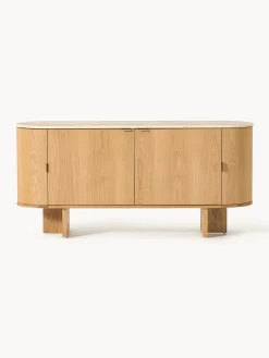 Credenza in legno con angoli arrotondati e piano in travertino Zumi
