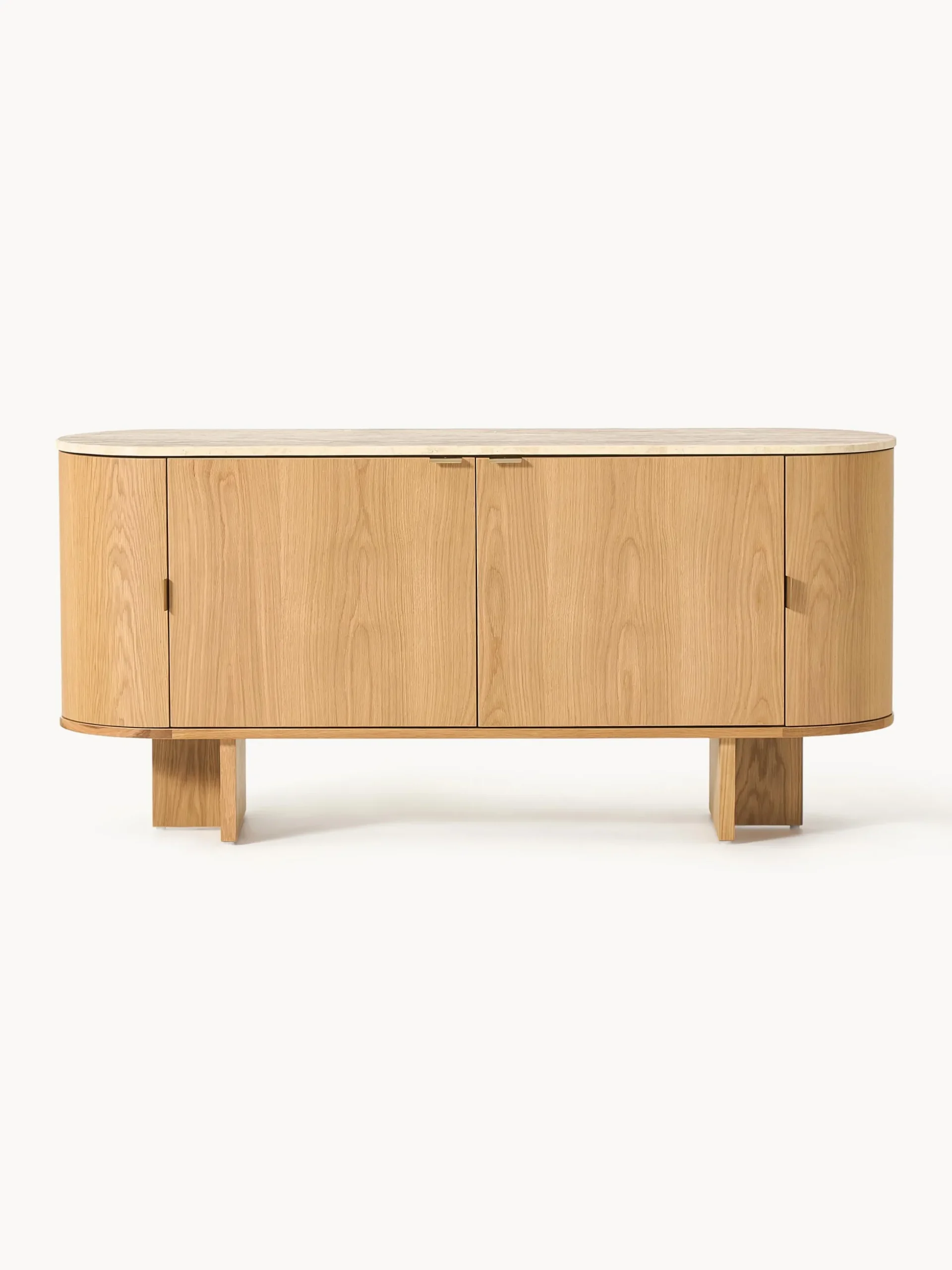 Credenza in legno con angoli arrotondati e piano in travertino Zumi