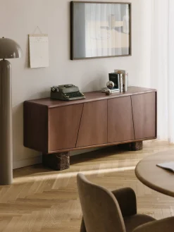 Credenza in legno con gambe in marmo Emperador Tundra