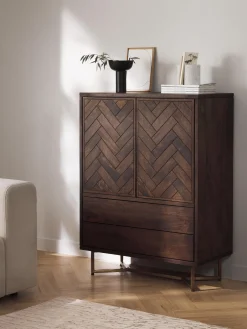 Credenza alta in legno di mango con motivo spina di pesce Luca