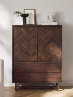 Credenza alta in legno di mango con motivo spina di pesce Luca
