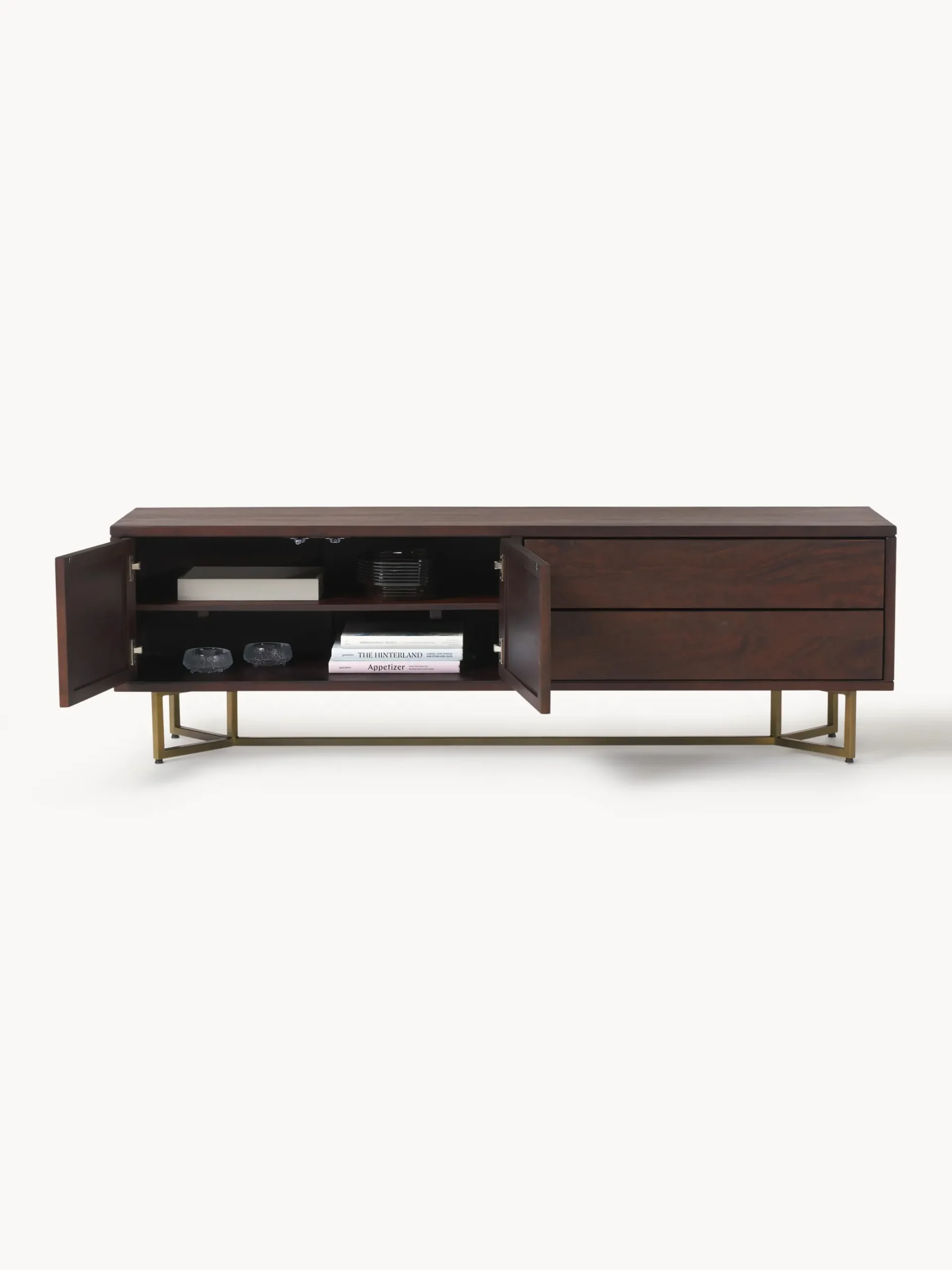 Credenza bassa in legno di mango con motivo a spina di pesce Luca