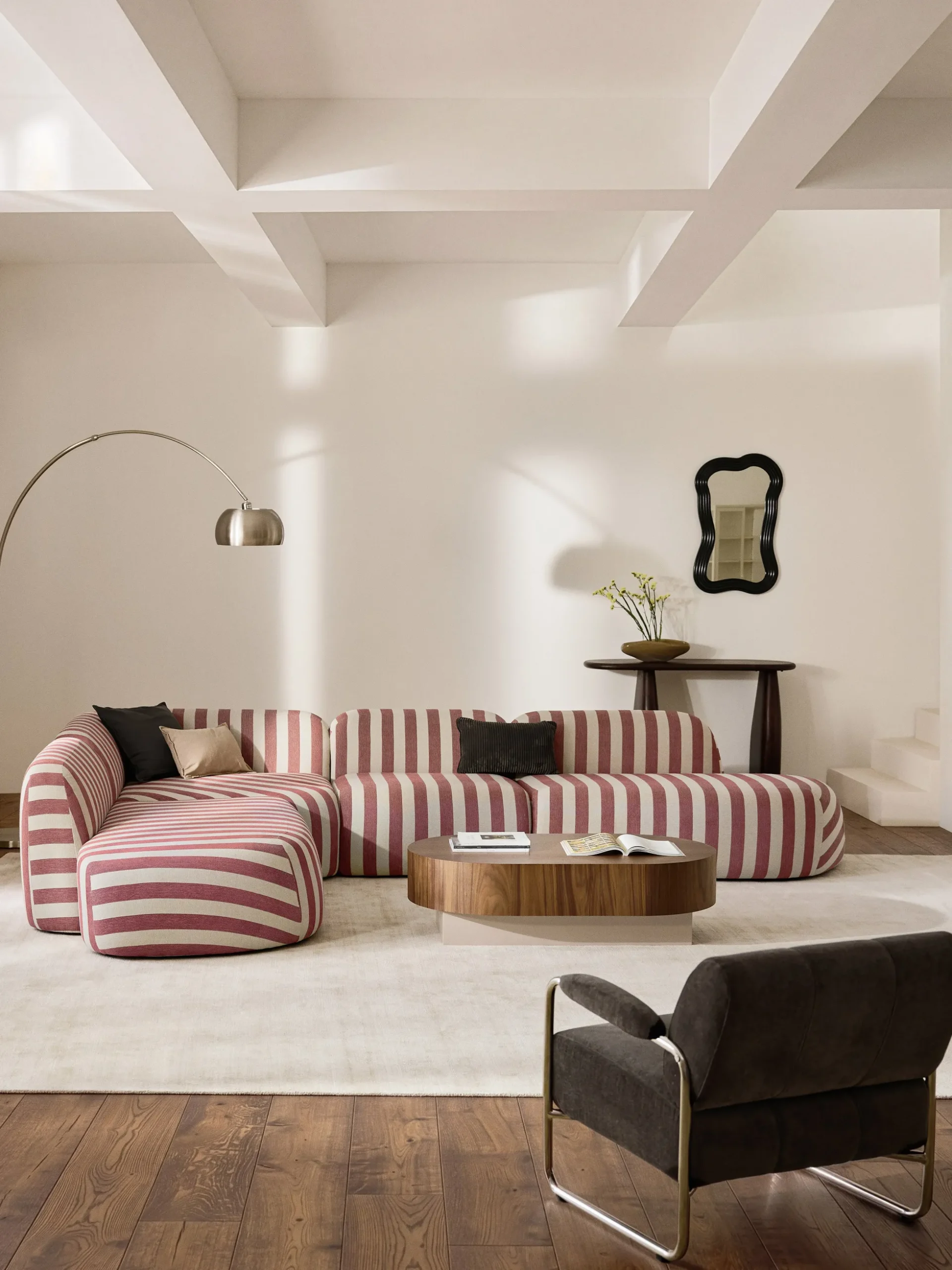 Divano angolare componibile XL a righe con chaise longue Wolke