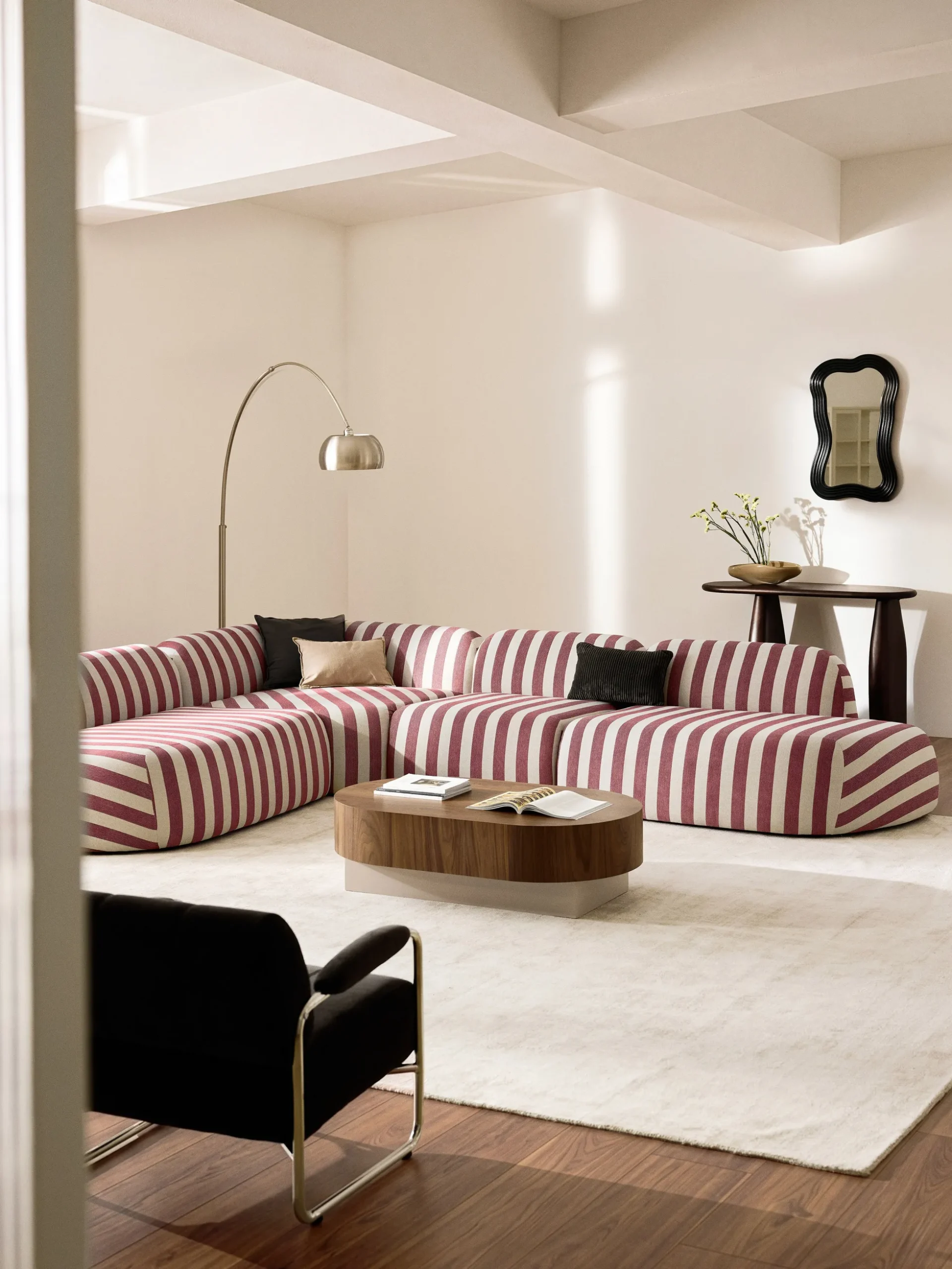 Divano angolare componibile XL a righe con chaise longue Wolke