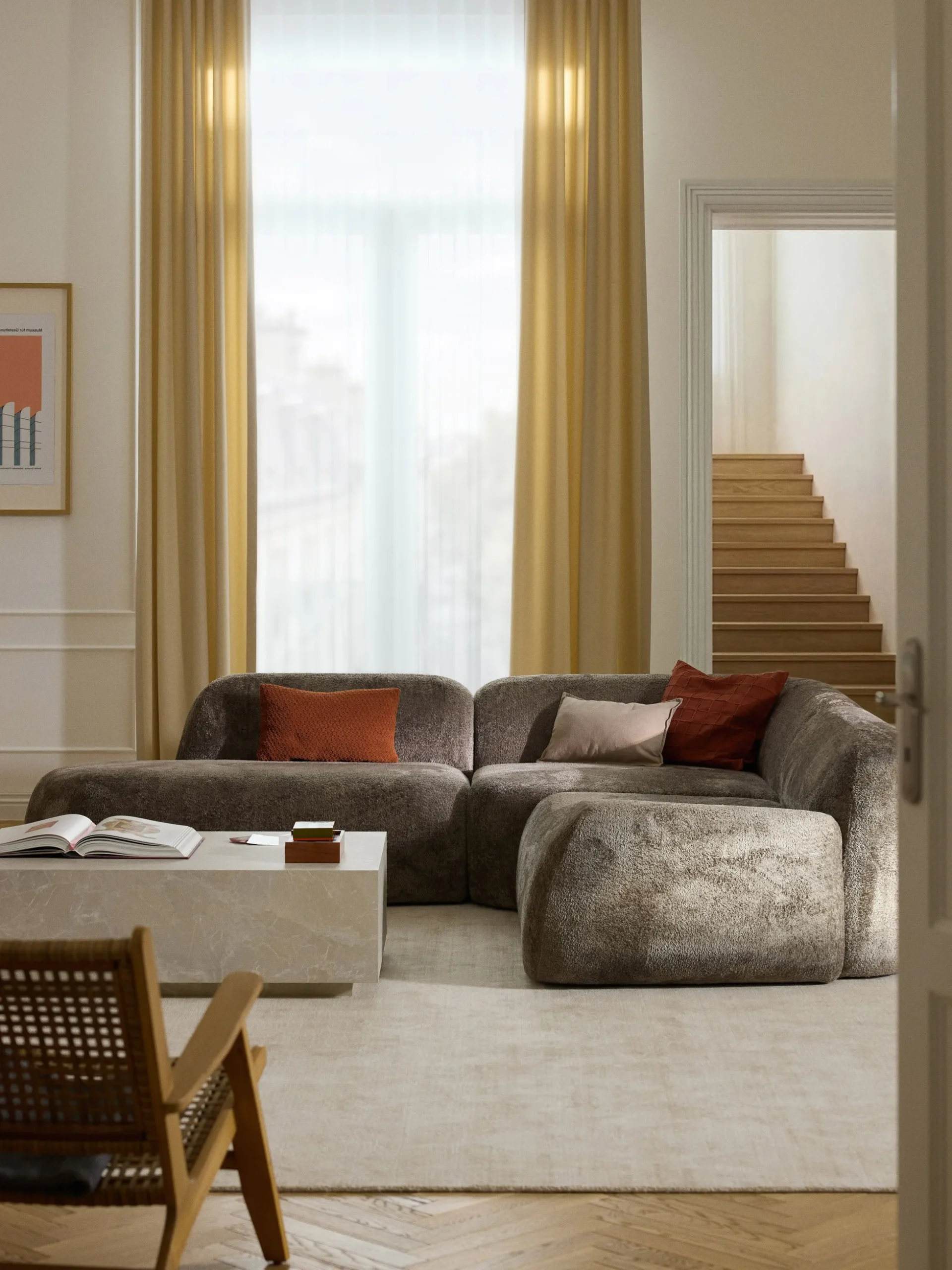 Divano angolare componibile 4 posti in teddy bouclé con chaise longue Wolke
