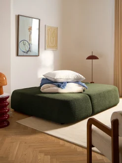 Divano angolare letto in teddy-bouclé con contenitore Pao