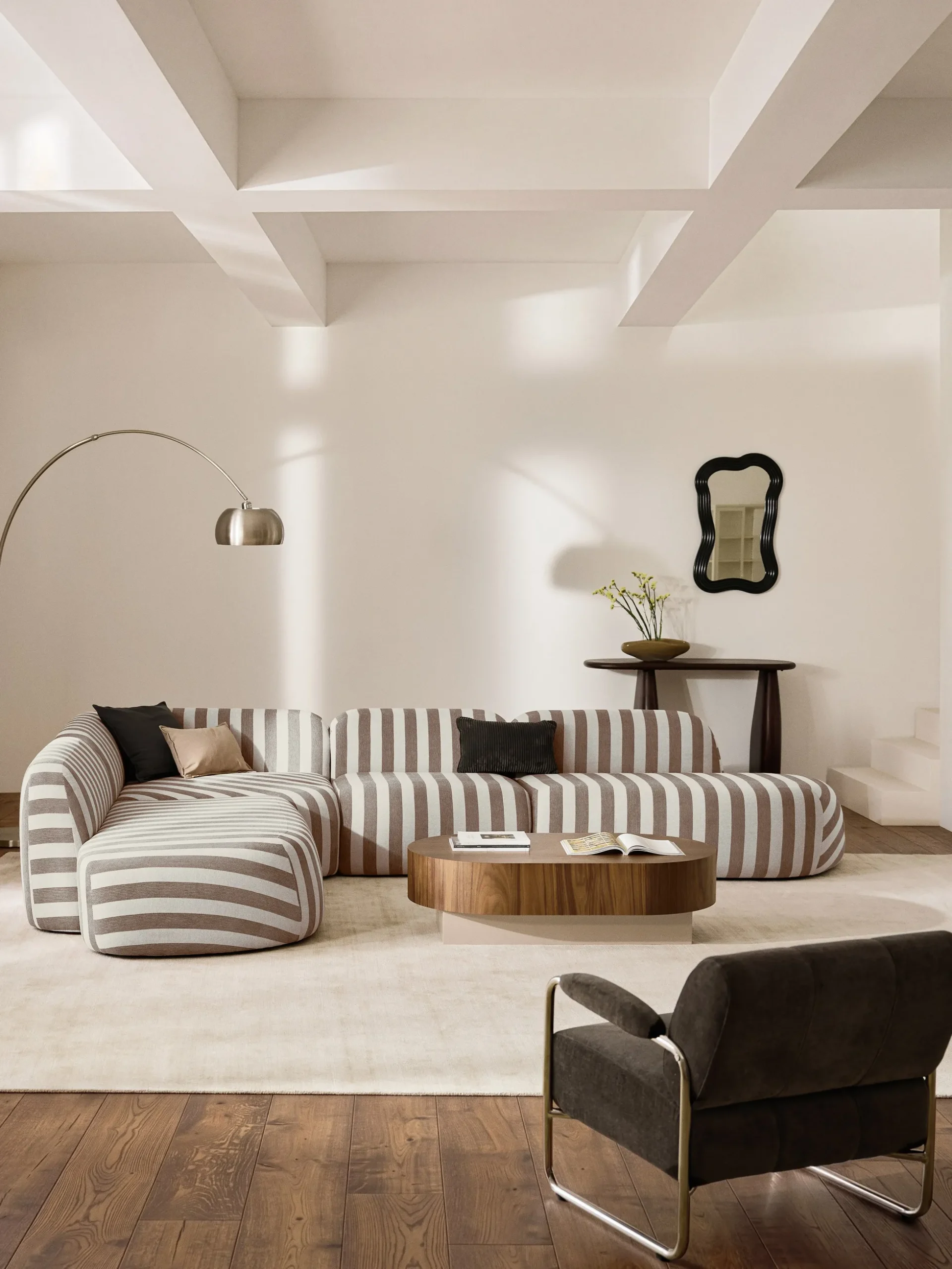 Divano angolare componibile XL a righe con chaise longue Wolke