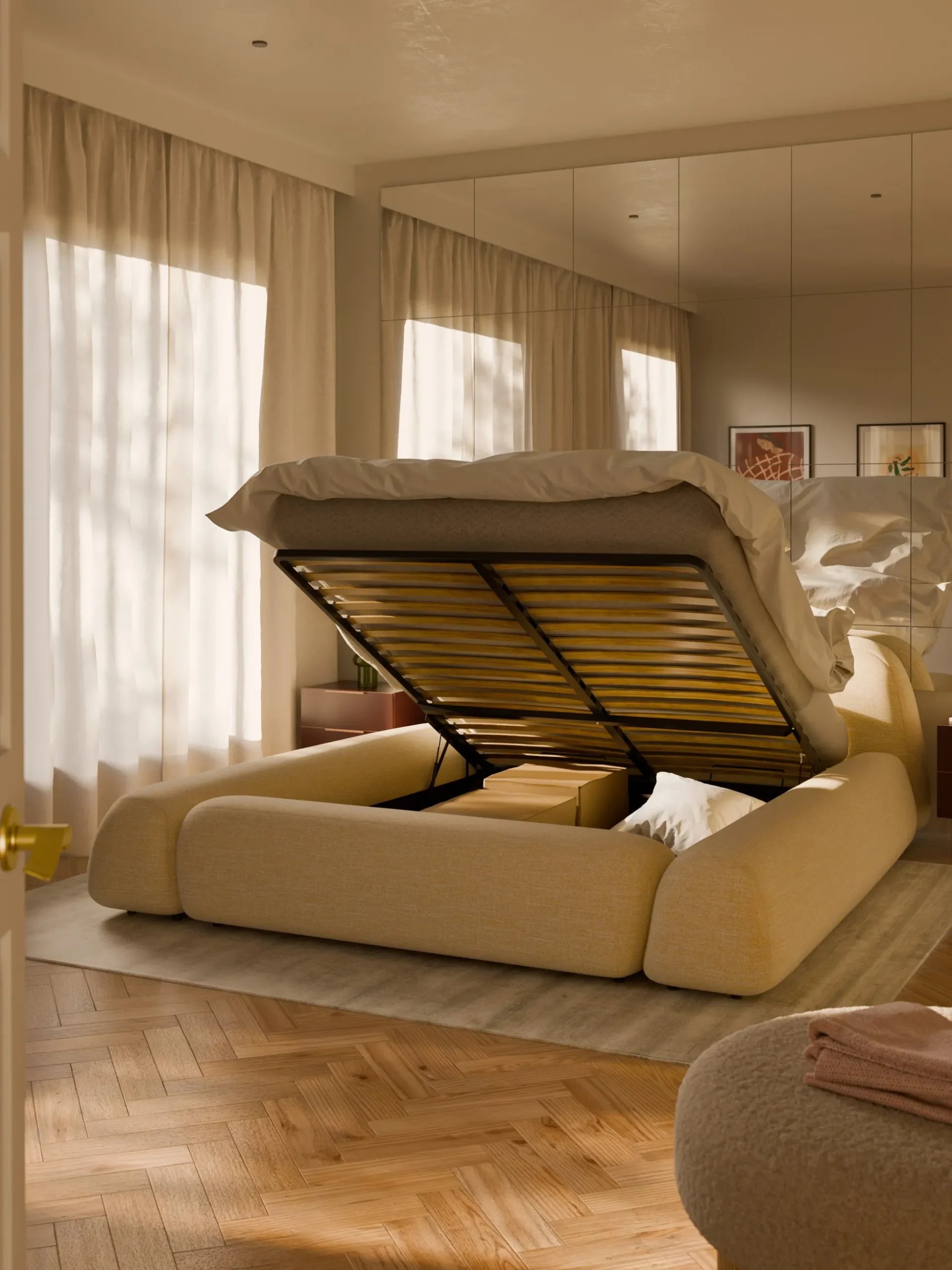 Letto imbottito in bouclé con contenitore Wolke