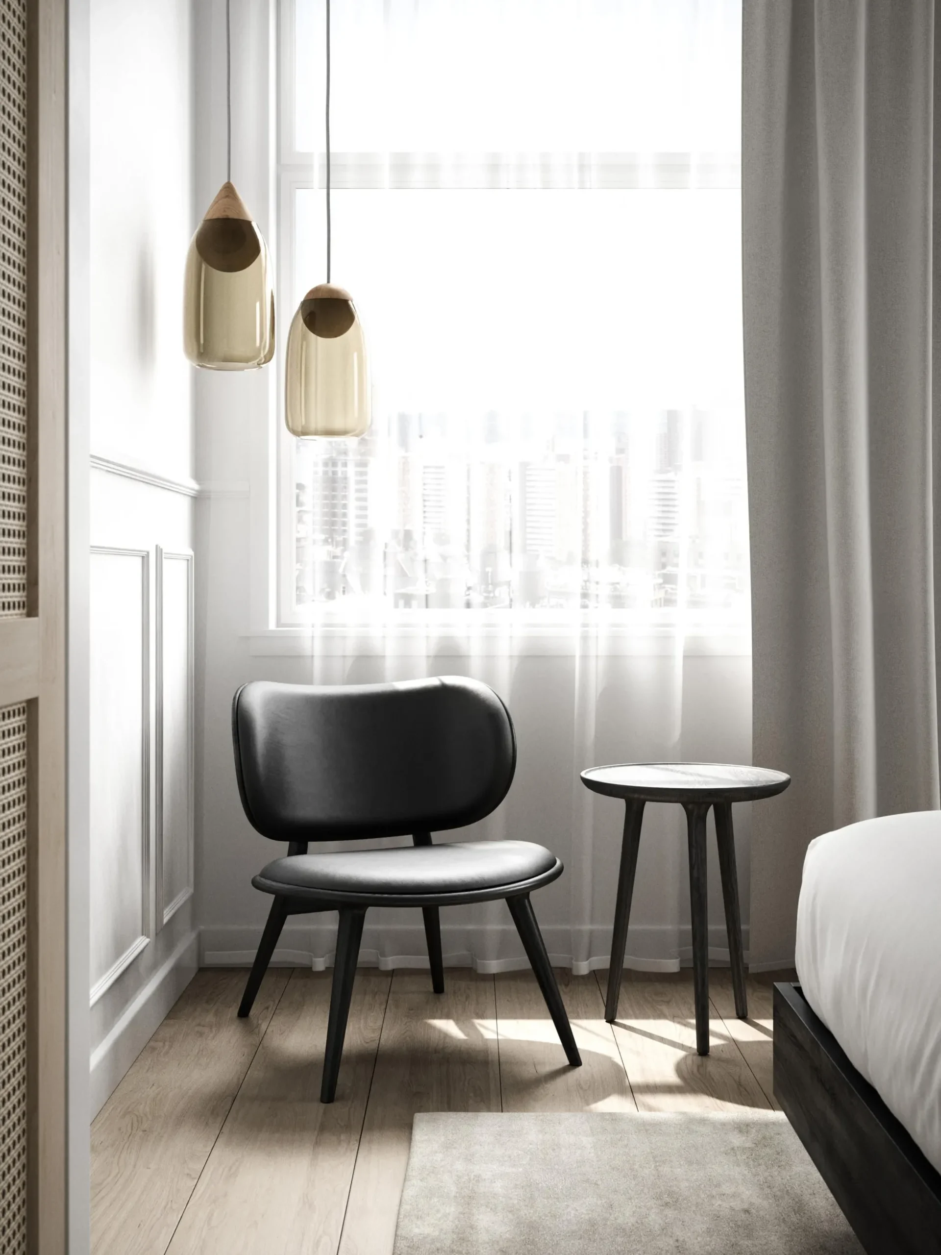 Sedia lounge in pelle con gambe in legno Rocker, fatta a mano