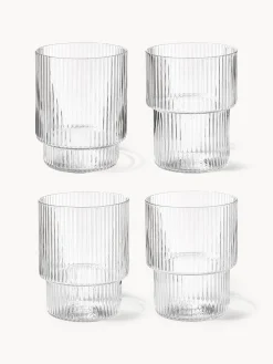 Set di 4 bicchieri per acqua in vetro soffiato con scanalatura in rilievo Ripple, 200 ml