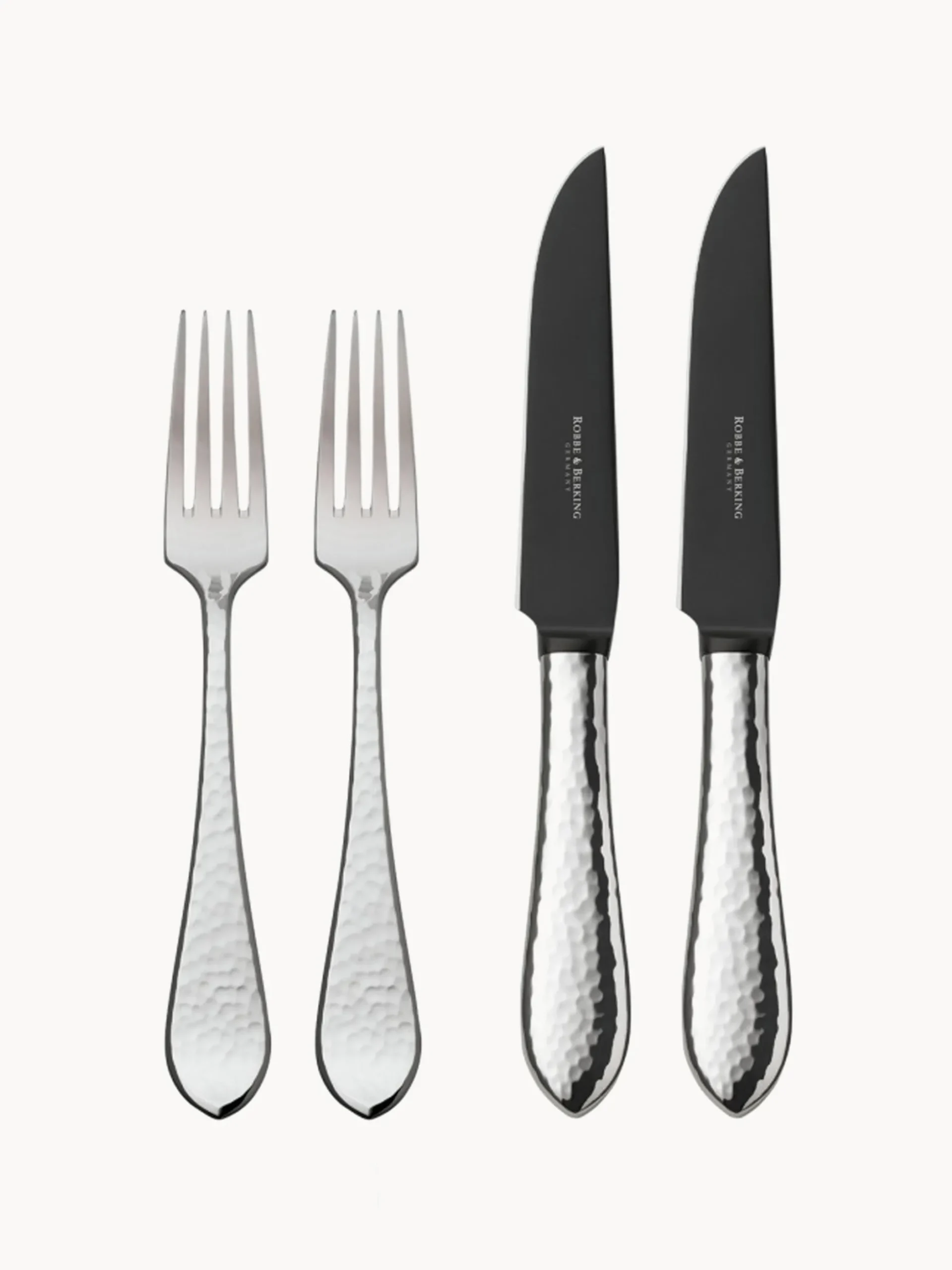 Set di 5 posate fatte a mano con custodia in pelle Martelé