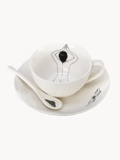 Set di 4 tazze da caffè dipinte a mano con piattini e cucchiaini Undressed