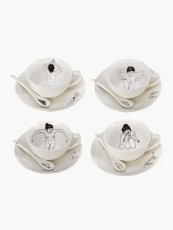 Set di 4 tazze da caffè dipinte a mano con piattini e cucchiaini Undressed