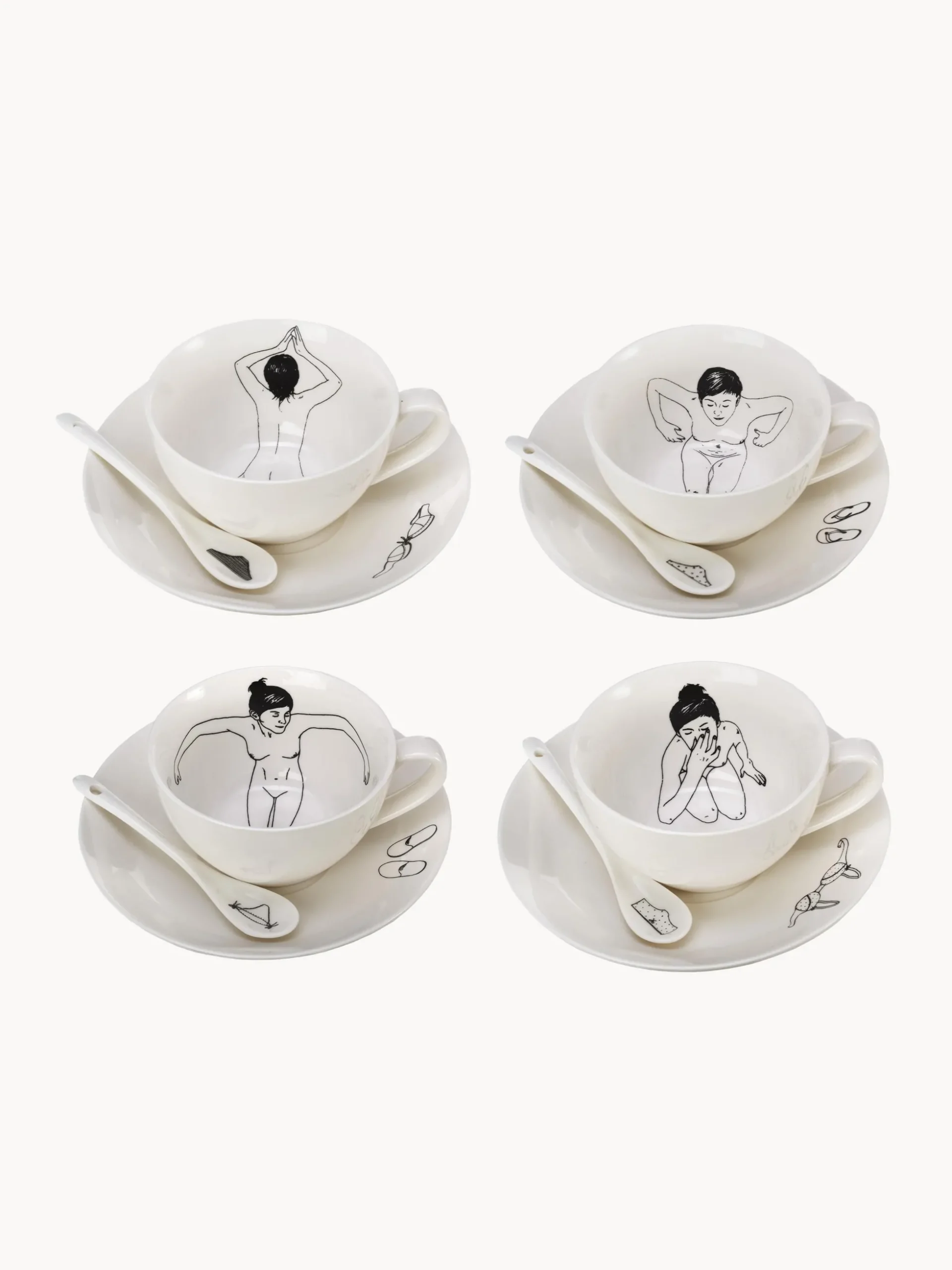Set di 4 tazze da caffè dipinte a mano con piattini e cucchiaini Undressed