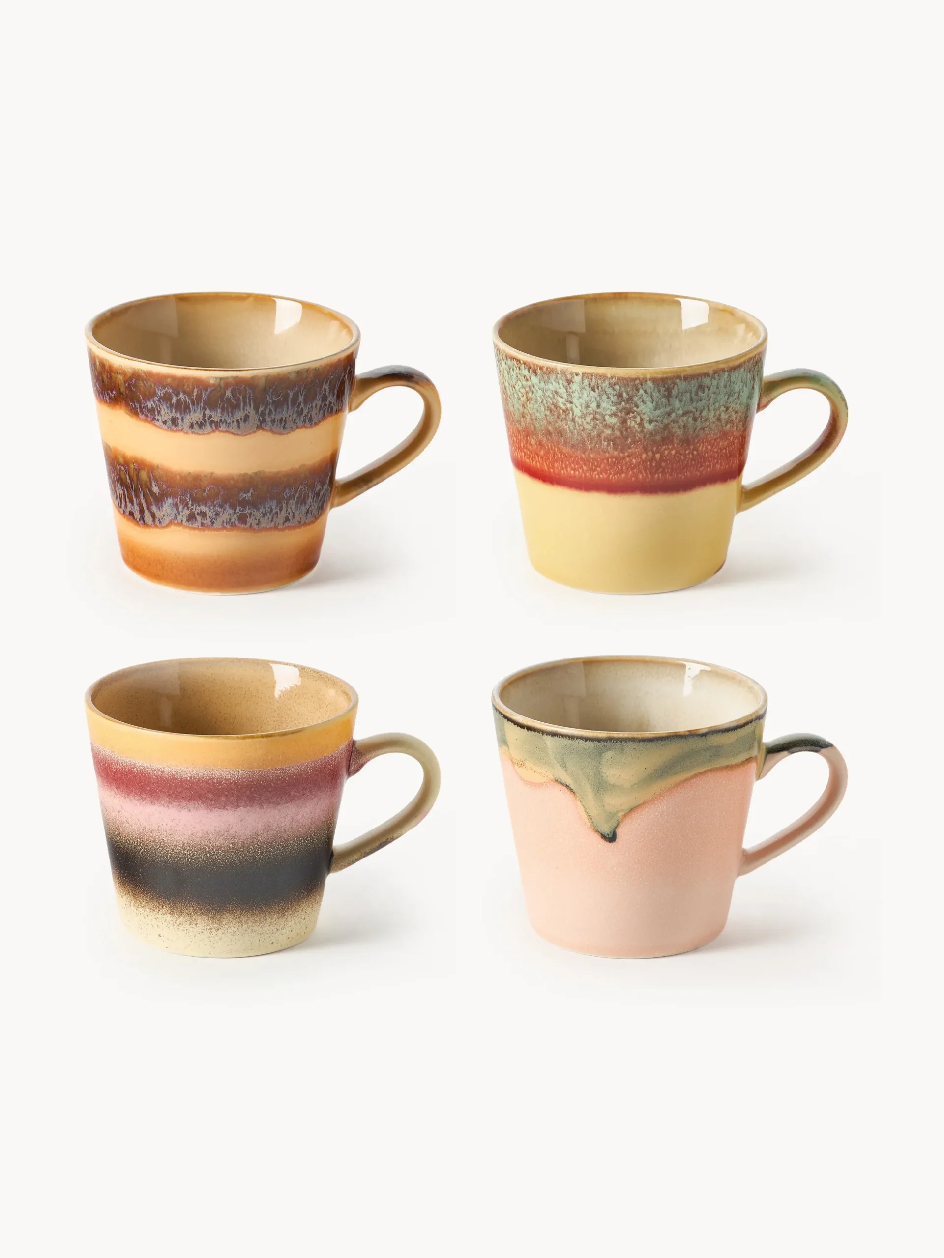 Set di 4 tazze fatte a mano con smalto reattivo 70's