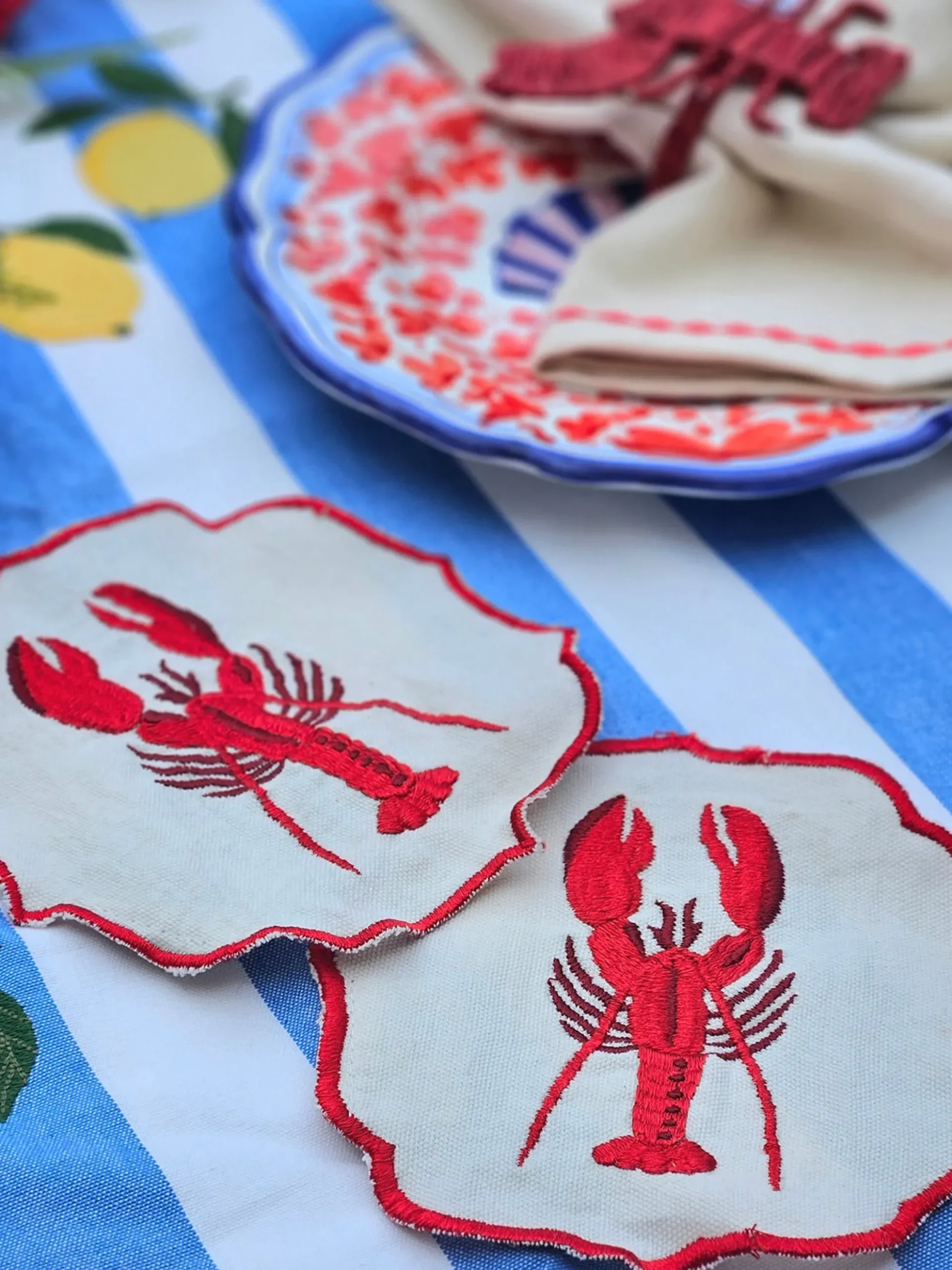 Set di 2 tovaglioli ricamati Lobster