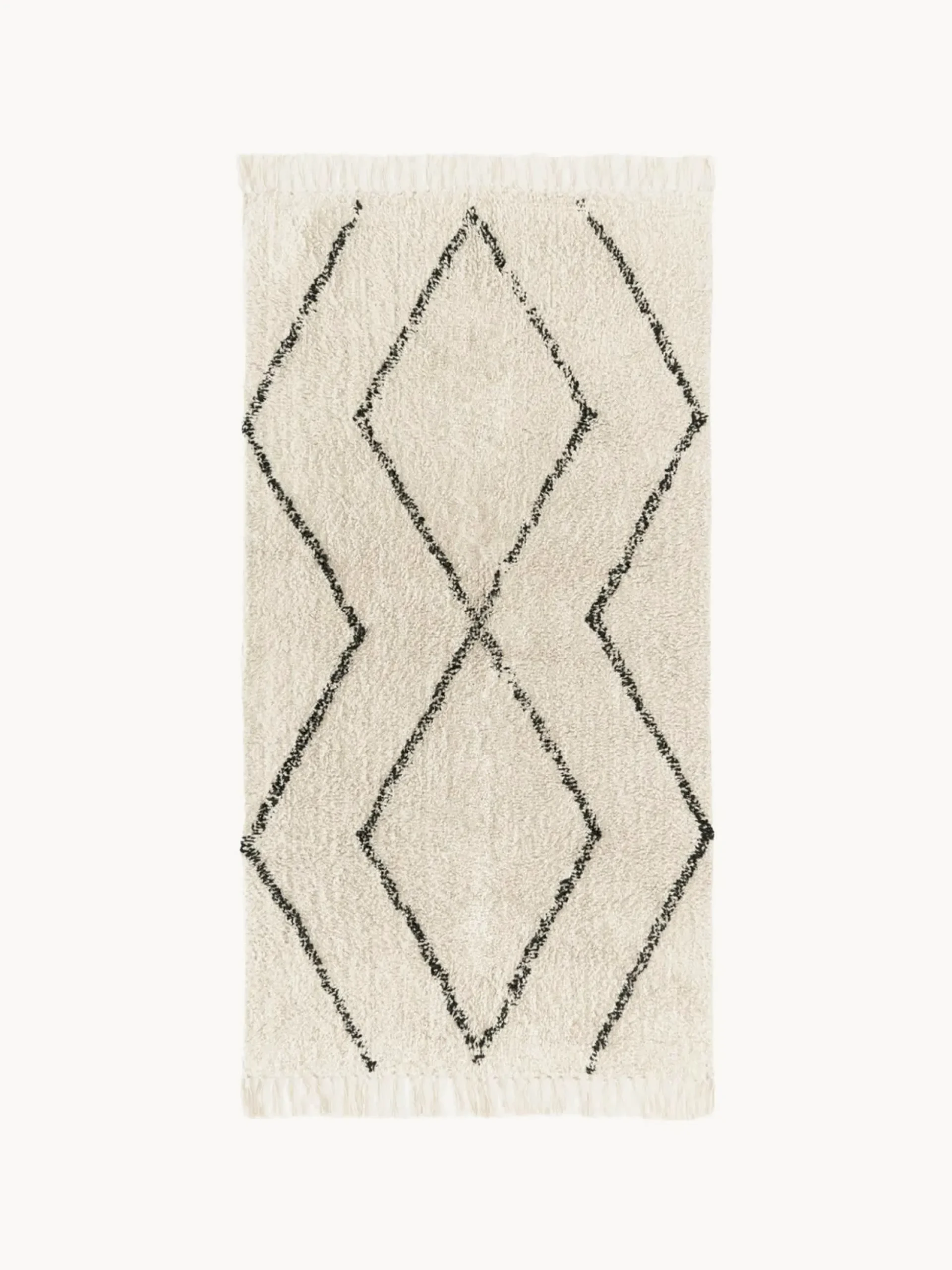 Tappeto boho in cotone fatto a mano con motivo a rombi e frange Bina