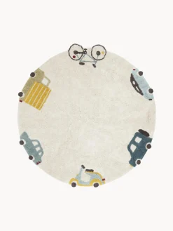 Tappeto rotondo per bambini lavabile fatto a mano con struttura in rilievo Wheels