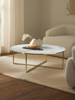 Tavolino rotondo XL da salotto con piano in vetro effetto marmo Antigua